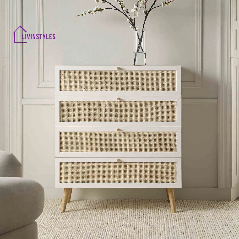 Frances Woven Rattan Tall Chest of 4 Drawers White Chest of Drawers