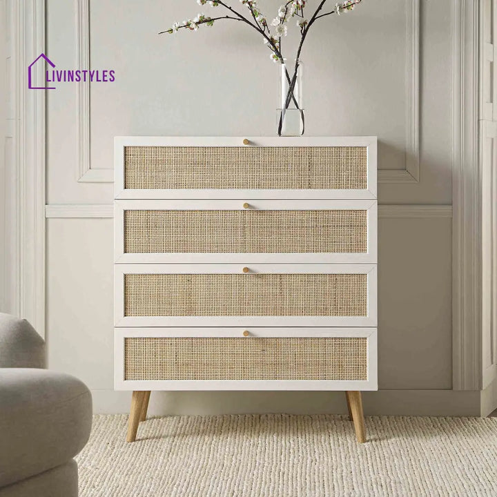 Frances Woven Rattan Tall Chest of 4 Drawers White Chest of Drawers
