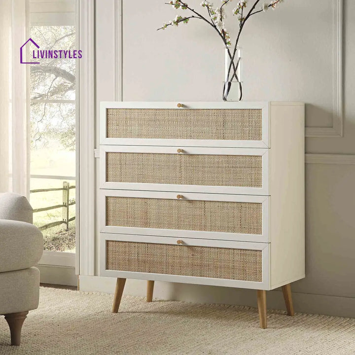 Frances Woven Rattan Tall Chest of 4 Drawers White Chest of Drawers