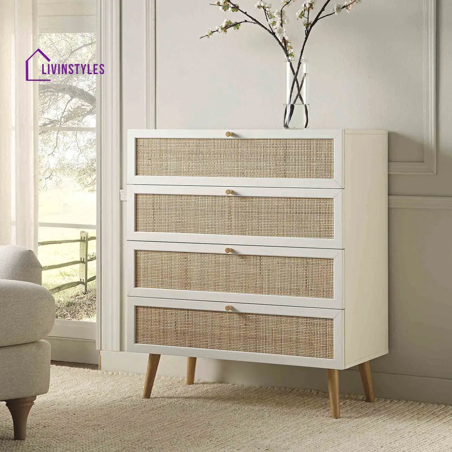 Frances Woven Rattan Tall Chest of 4 Drawers White Chest of Drawers