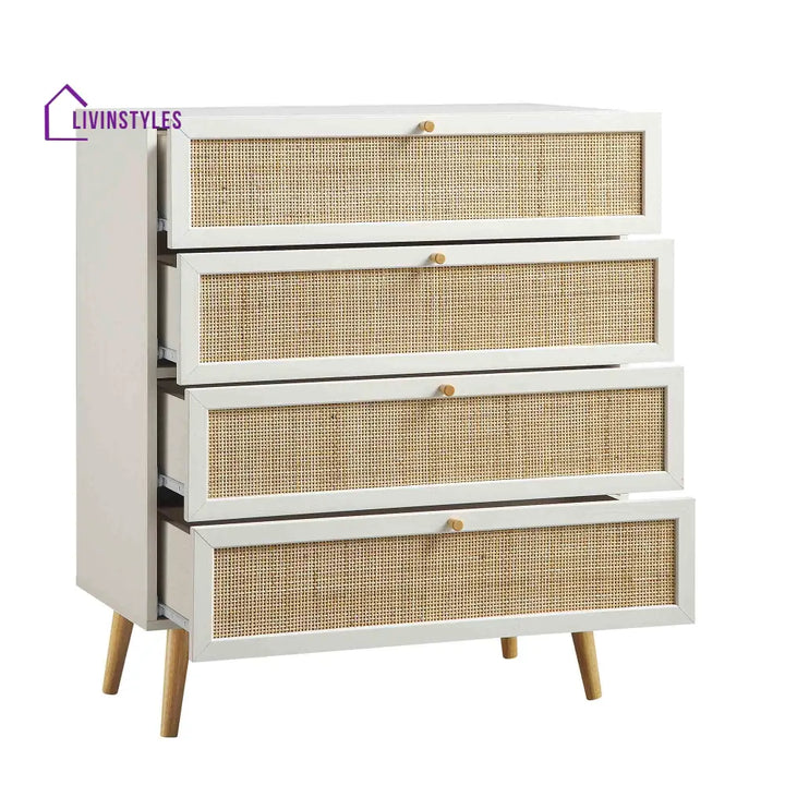 Frances Woven Rattan Tall Chest of 4 Drawers White Chest of Drawers