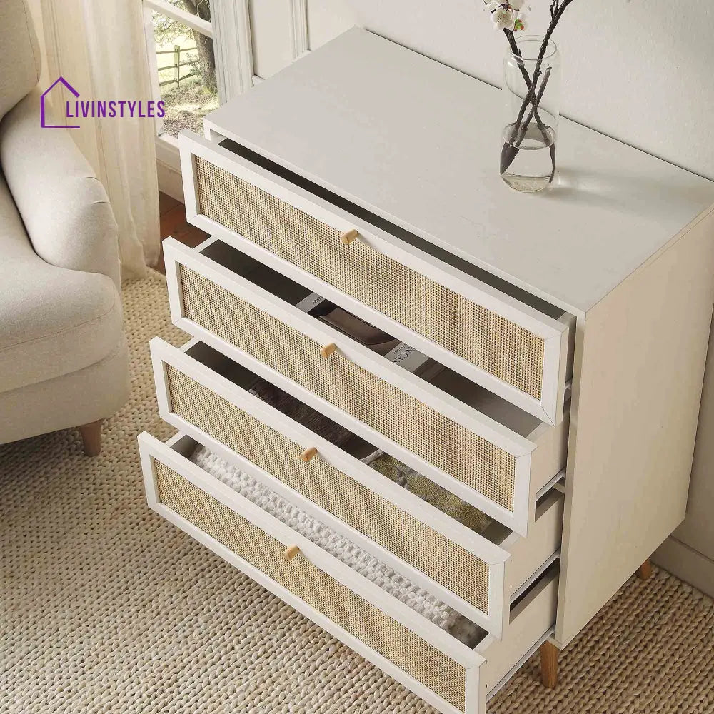 Frances Woven Rattan Tall Chest of 4 Drawers White Chest of Drawers