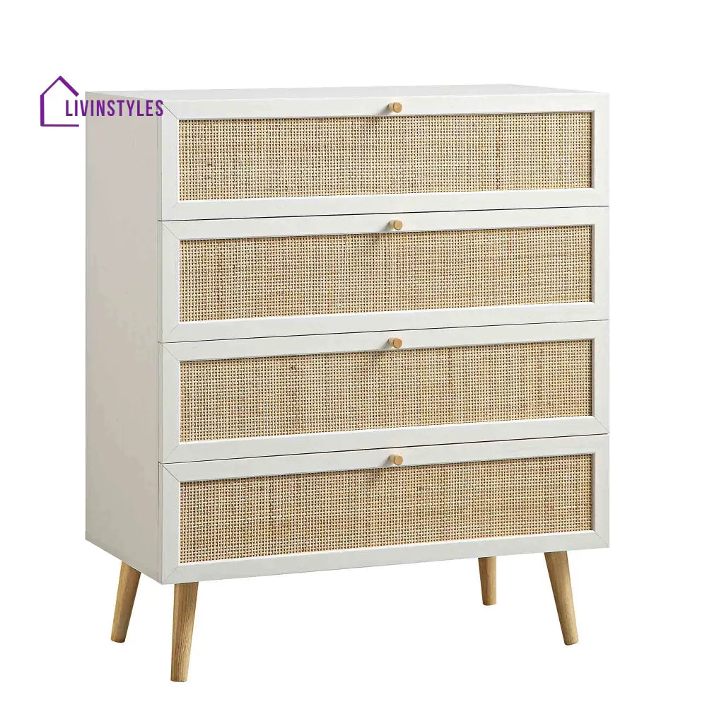 Frances Woven Rattan Tall Chest of 4 Drawers White Chest of Drawers