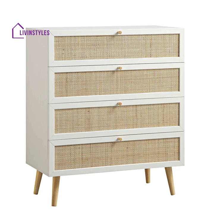 Frances Woven Rattan Tall Chest of 4 Drawers White Chest of Drawers