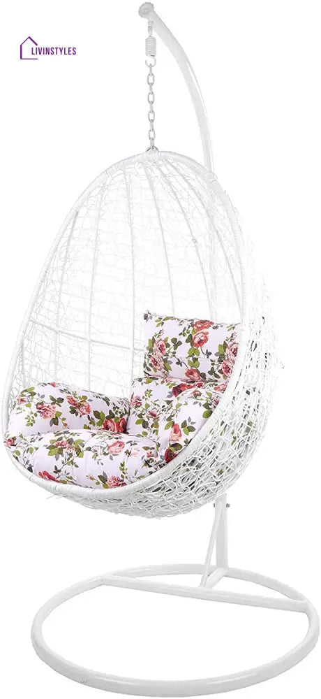 Giulietta Single Seater Hanging Swing With Stand For Balcony Garden Swing (White) - Flower print - Swings