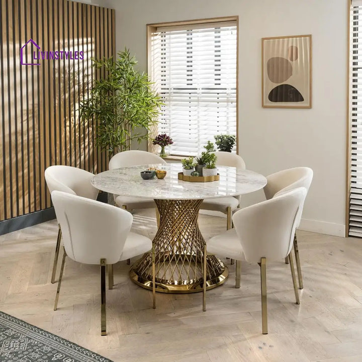 Glafira 6 Seater Ceramic Dining Set White - Gold & Cream