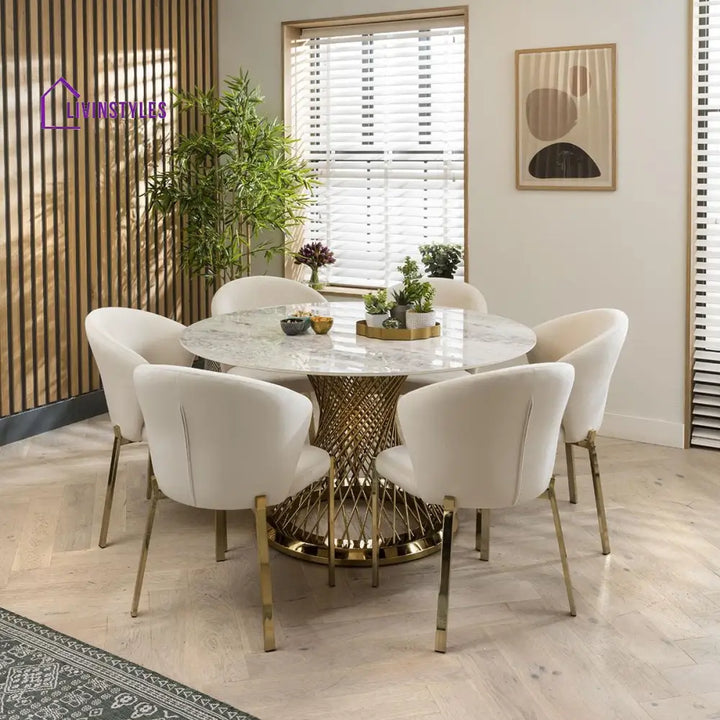 Glafira 6 Seater Ceramic Dining Set White - Gold & Cream