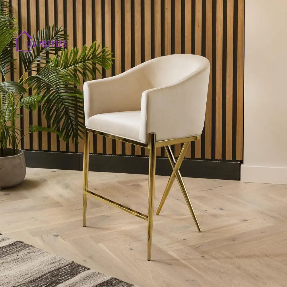 Glafira Bar Stool Cream Velvet Curved Back on Gold Legs Kitchen / Bar Stools