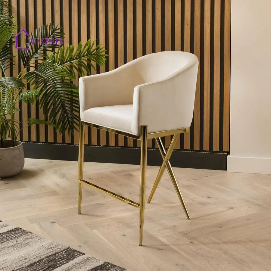 Glafira Bar Stool Cream Velvet Curved Back on Gold Legs Kitchen / Bar Stools