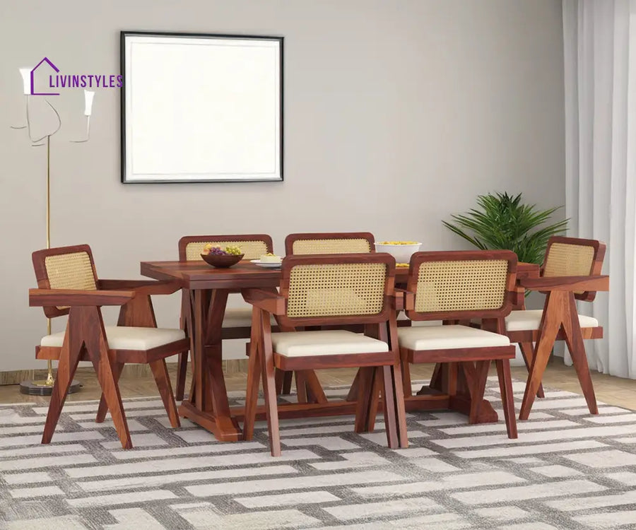 Gleb Solid Wood Sheesham 6 Seater With Cushion Dining Table Set (Honey Finish) | Cane Weaving Chairs
