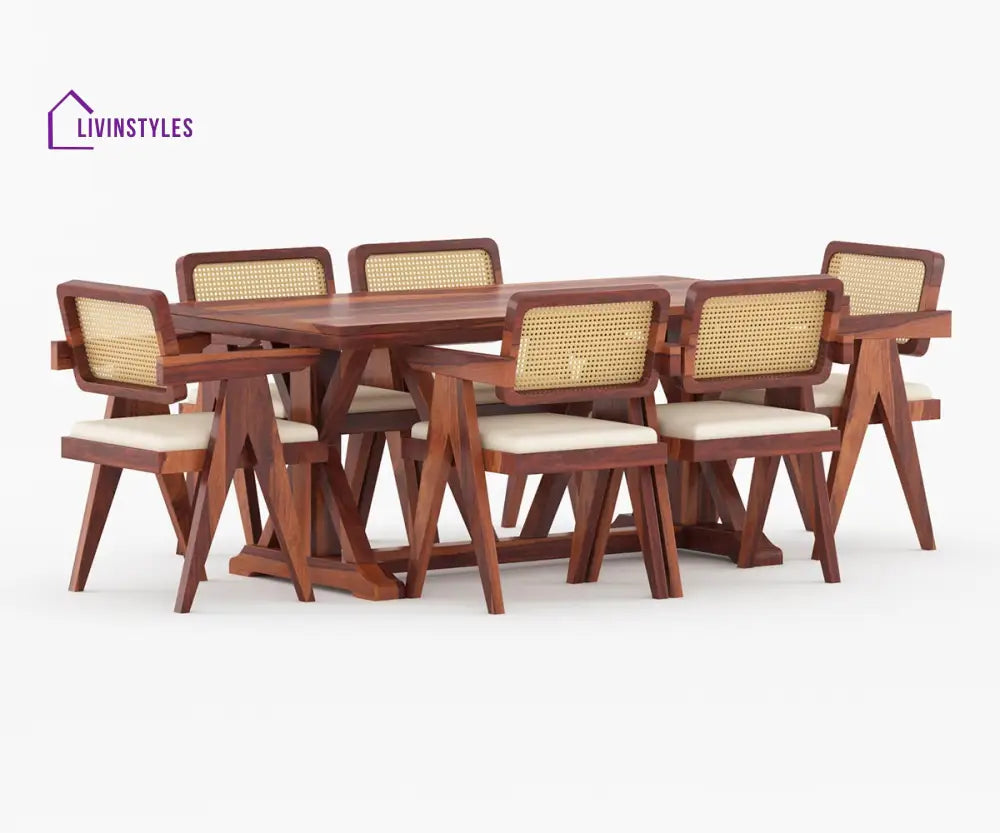 Gleb Solid Wood Sheesham 6 Seater With Cushion Dining Table Set (Honey Finish) | Cane Weaving Chairs