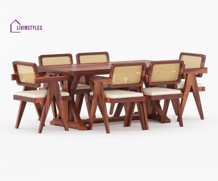 Gleb Solid Wood Sheesham 6 Seater With Cushion Dining Table Set (Honey Finish) | Cane Weaving Chairs