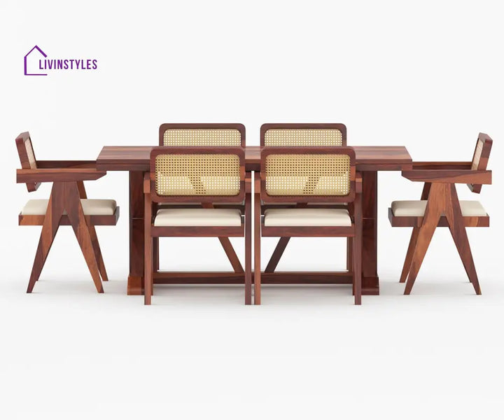 Gleb Solid Wood Sheesham 6 Seater With Cushion Dining Table Set (Honey Finish) | Cane Weaving Chairs