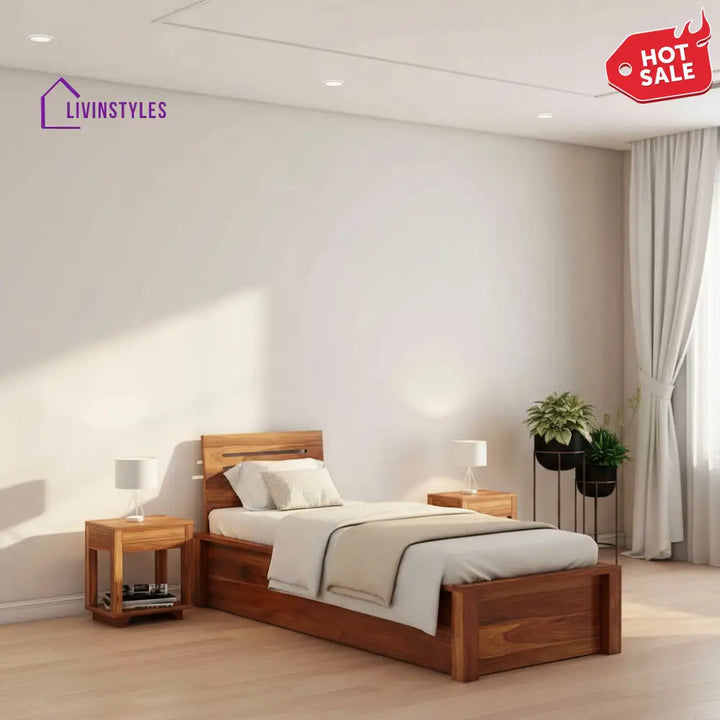 Gloria Solid Sheesham Wood Single Bed With Box Storage (Natural Finish) Bed