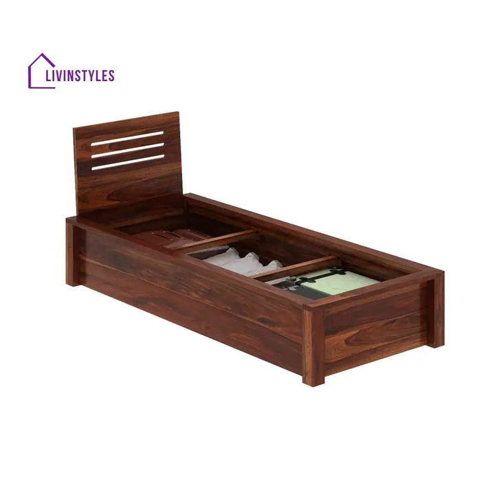 Gloria Solid Sheesham Wood Single Bed With Box Storage (Natural Finish) Bed