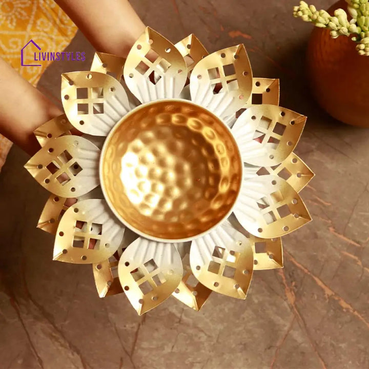 Gold And White Floral Cutwork Basin Urli