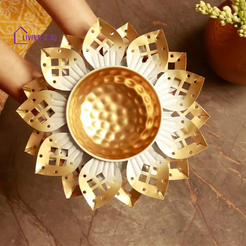 Gold And White Floral Cutwork Basin Urli