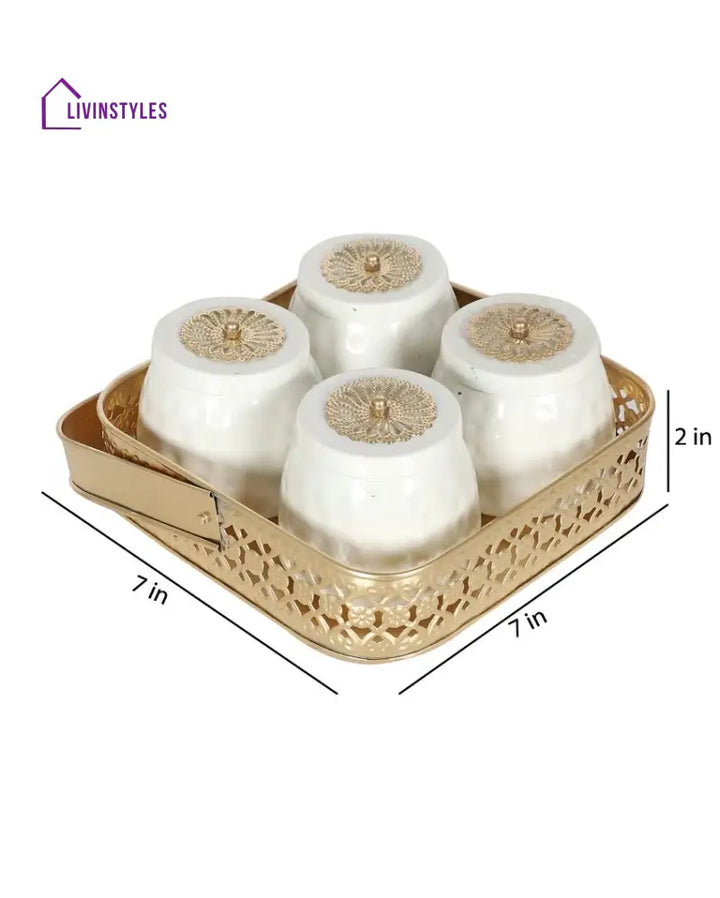 Gold & White Basket With Iron Jar Set Urli