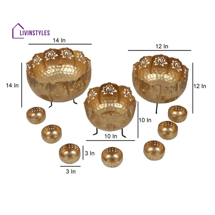 Golden Large Lotus Urli Bowls | Set Of 10