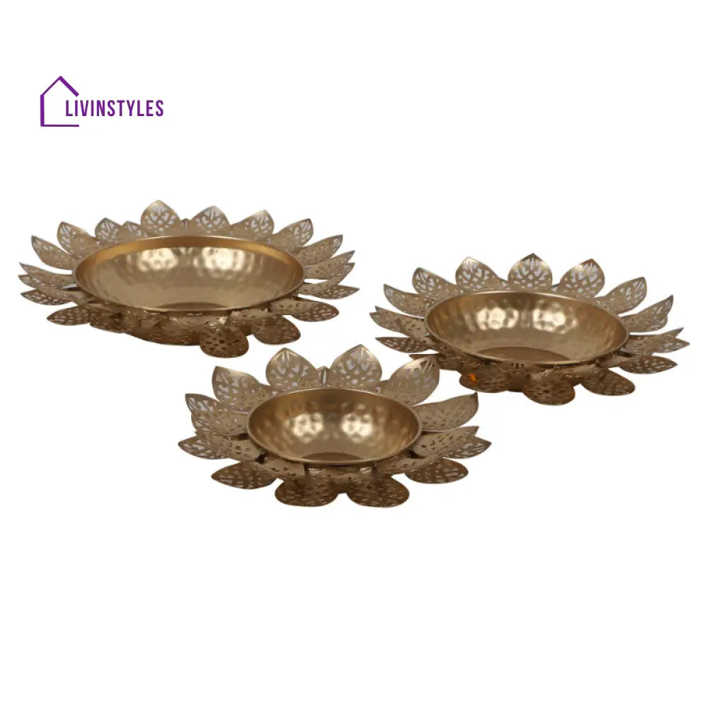 Golden Lotus Flower Cut Metal Urli | Gold Set Of 3