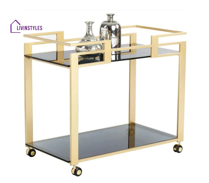 Golden Rectangle 2-Tier Serving Trolley With Glass Shelves (Iron) Trays