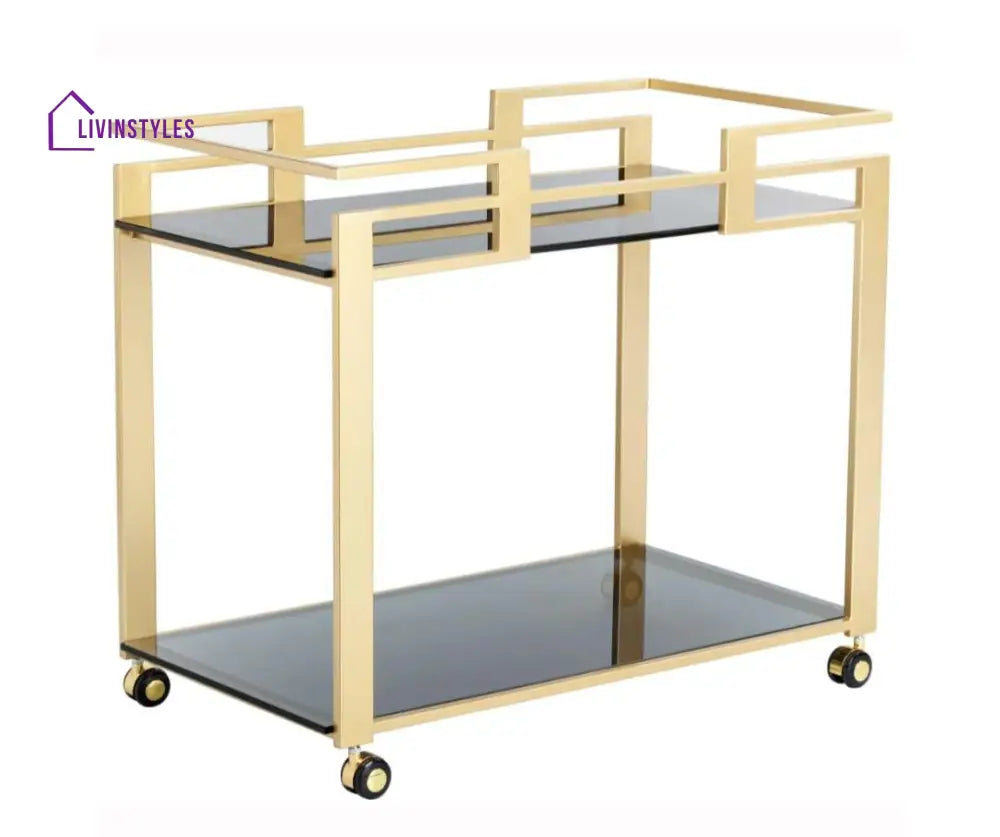Golden Rectangle Serving Trolley With Glass Shelves Trays