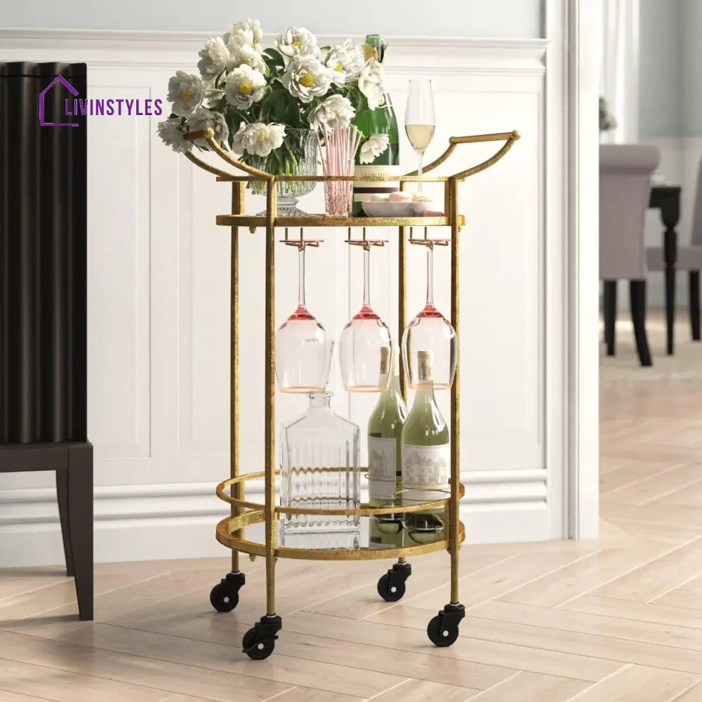 Golden Round Two Tier Bar Cart Trolley With Clear Glass Shelves Serving Trays