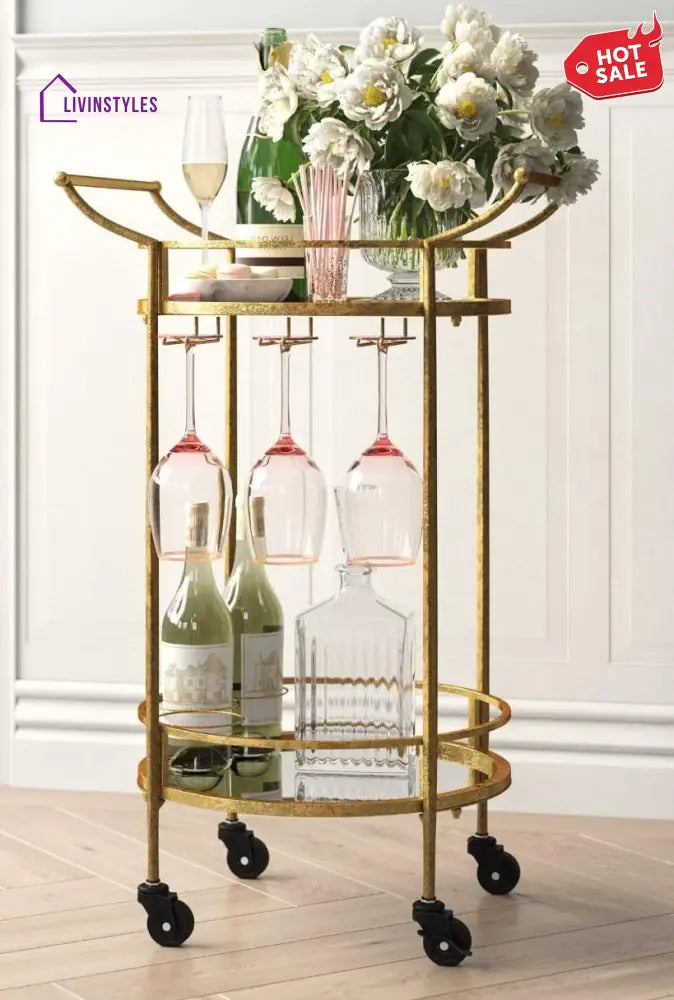 Golden Round Two Tier Bar Cart Trolley with Clear Glass Shelves