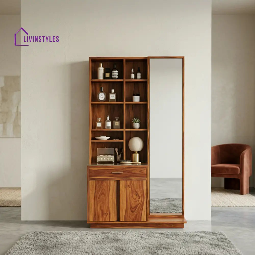 Grace Sheesham Wood Dressing Table with Mirror and Storage (Honey Finish)