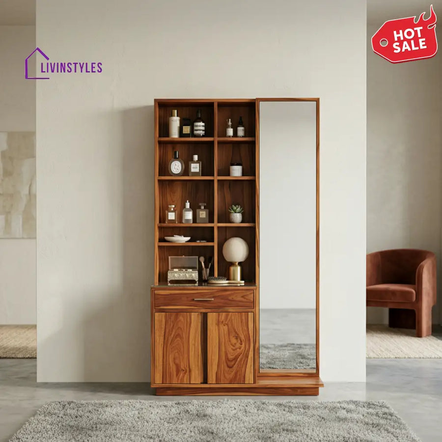Grace Sheesham Wood Dressing Table with Mirror and Storage (Honey Finish)