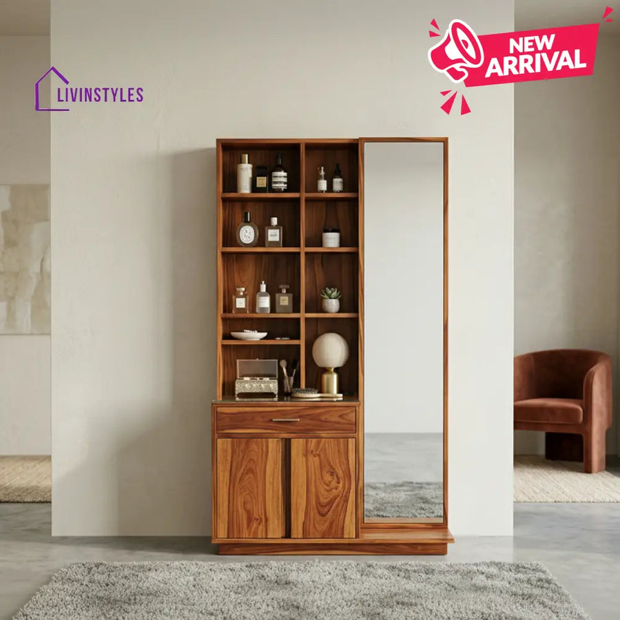Grace Sheesham Wood Dressing Table with Mirror and Storage (Honey Finish)