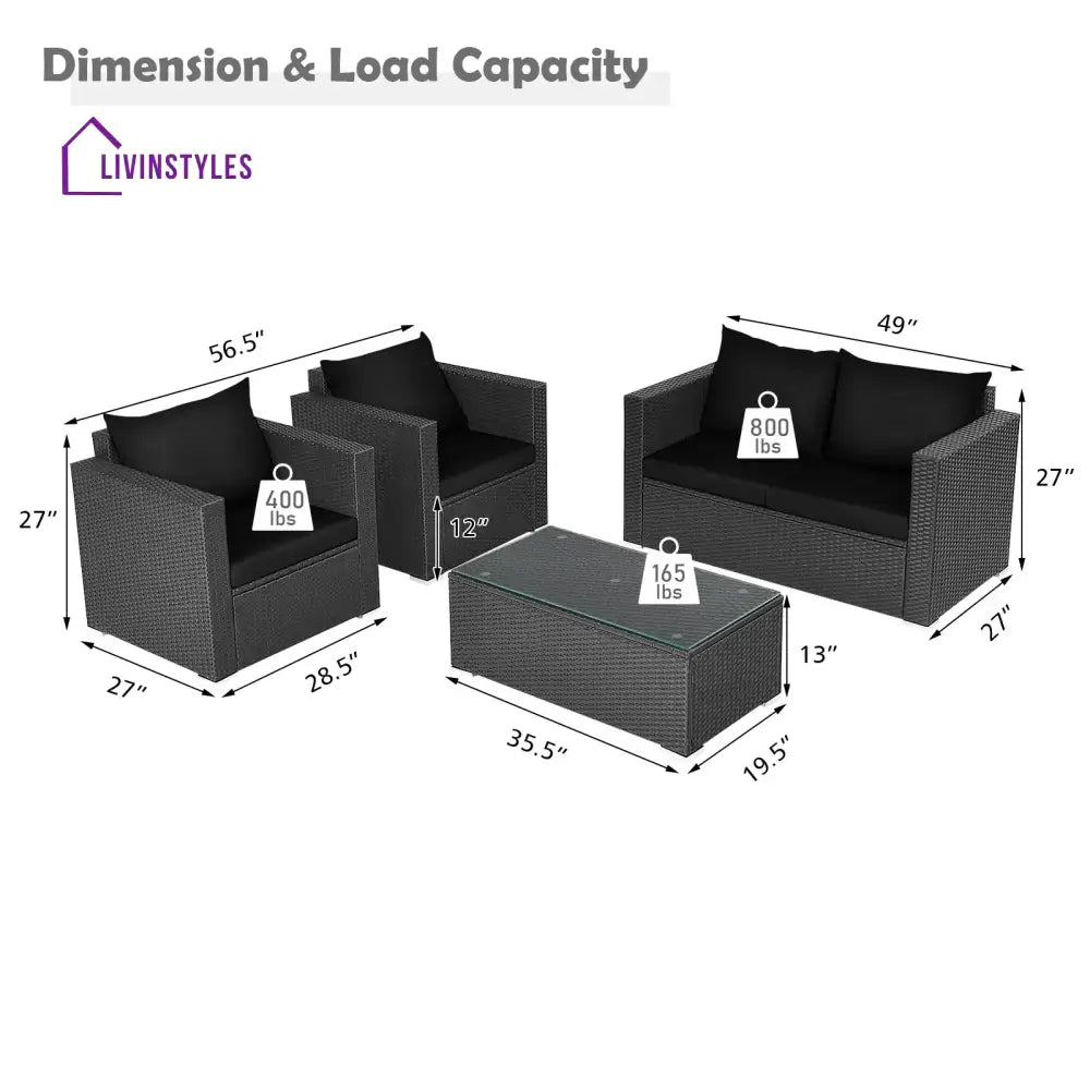 Gracia Outdoor Sofa Set 2 Seater 2 Single seater and 1 Center Table (Black) - Sofa Sets