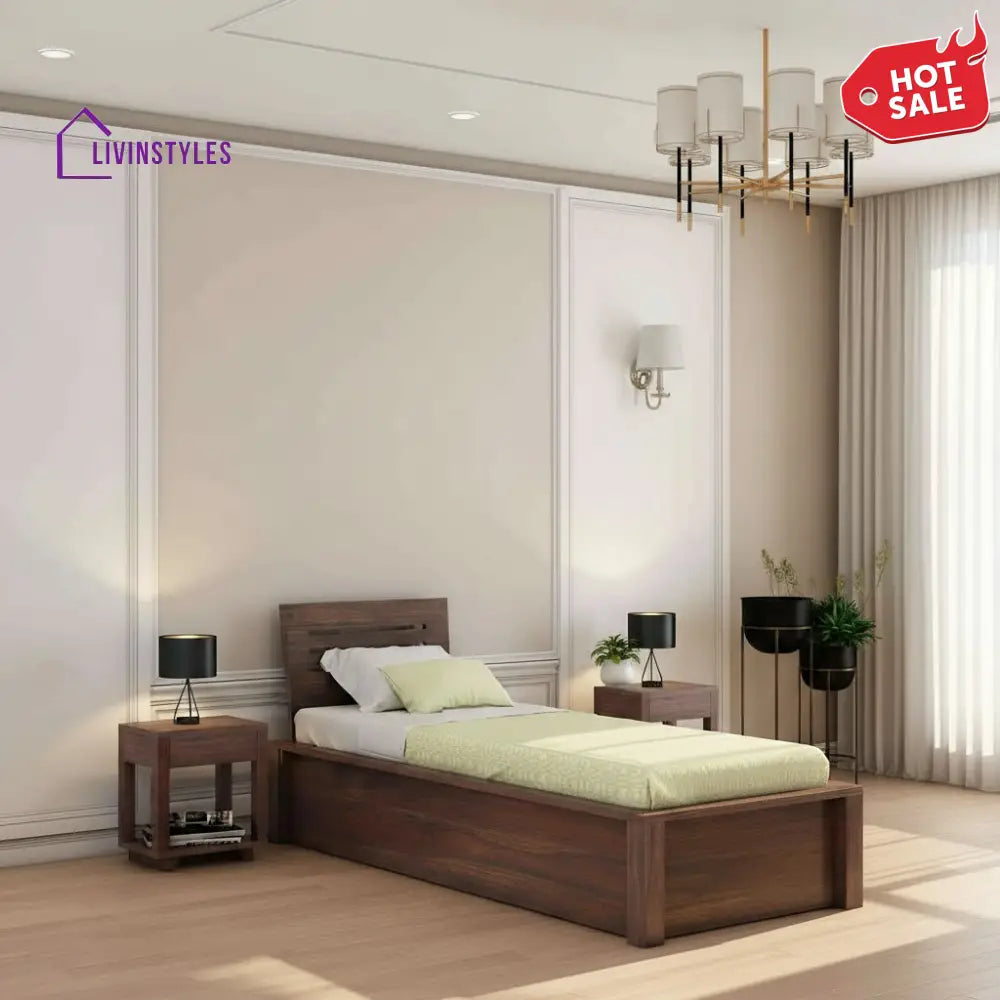 Graciela Solid Sheesham Wood Single Bed With Box Storage (Walnut Finish) Bed