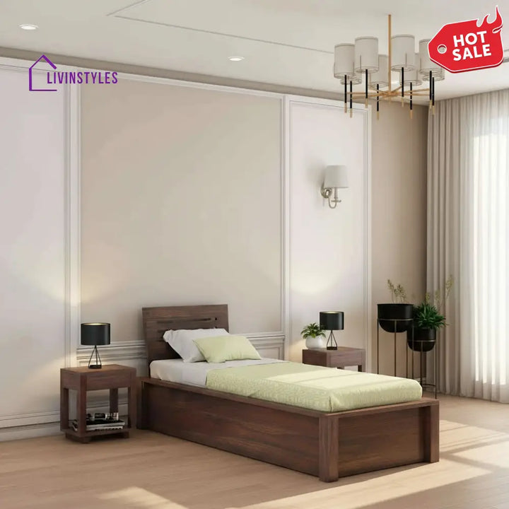 Graciela Solid Sheesham Wood Single Bed With Box Storage (Walnut Finish) Bed