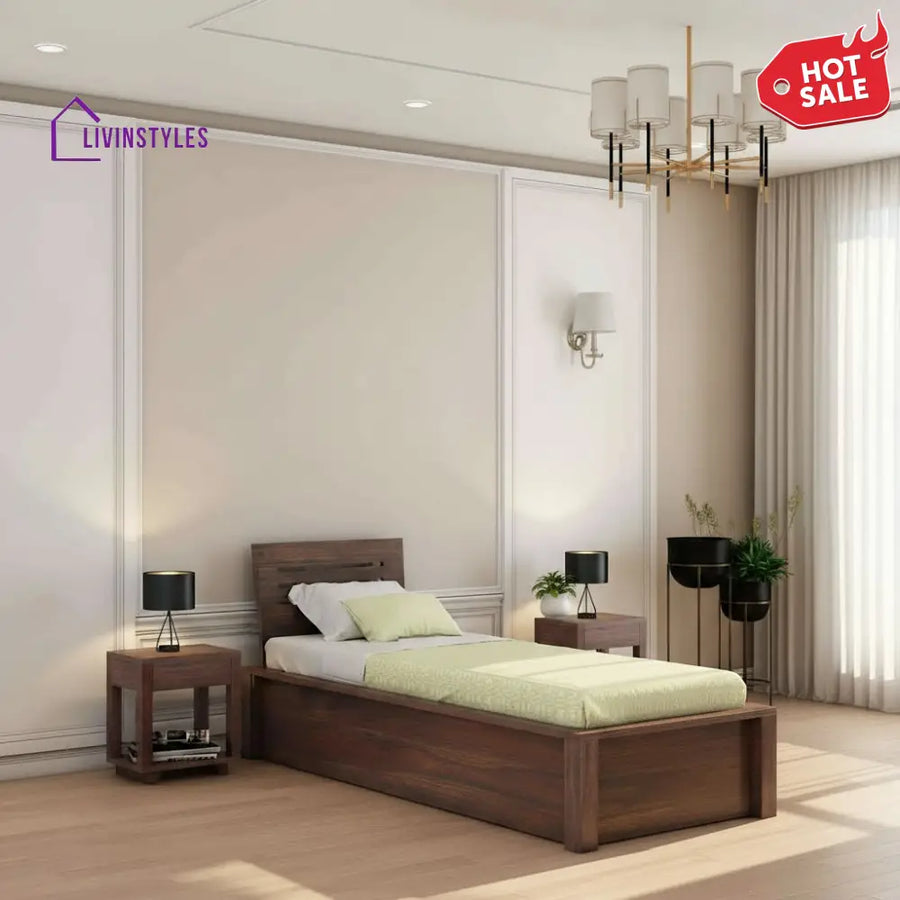 Graciela Solid Sheesham Wood Single Bed With Box Storage (Walnut Finish) Bed