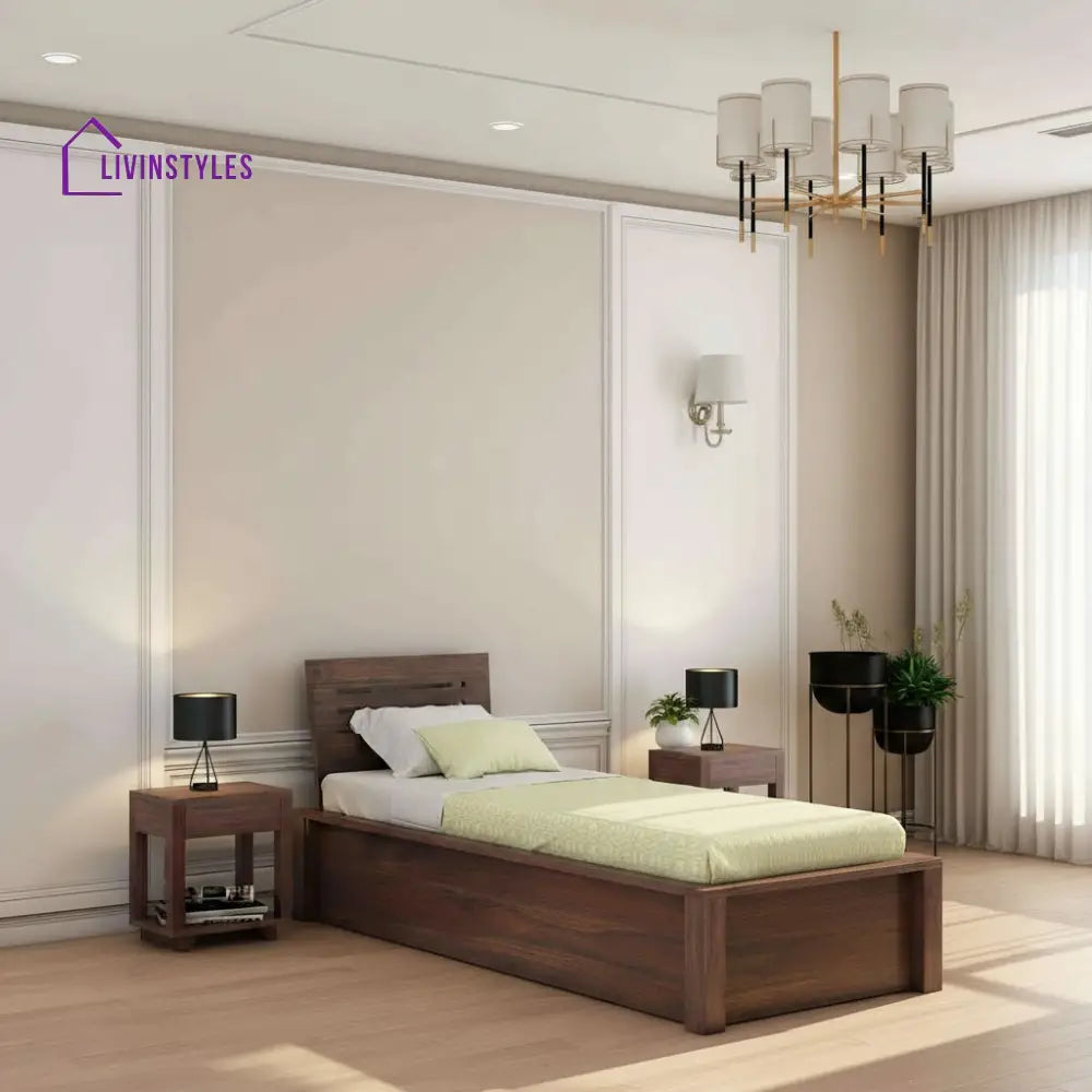 Graciela Solid Sheesham Wood Single Bed With Box Storage (Walnut Finish) Bed