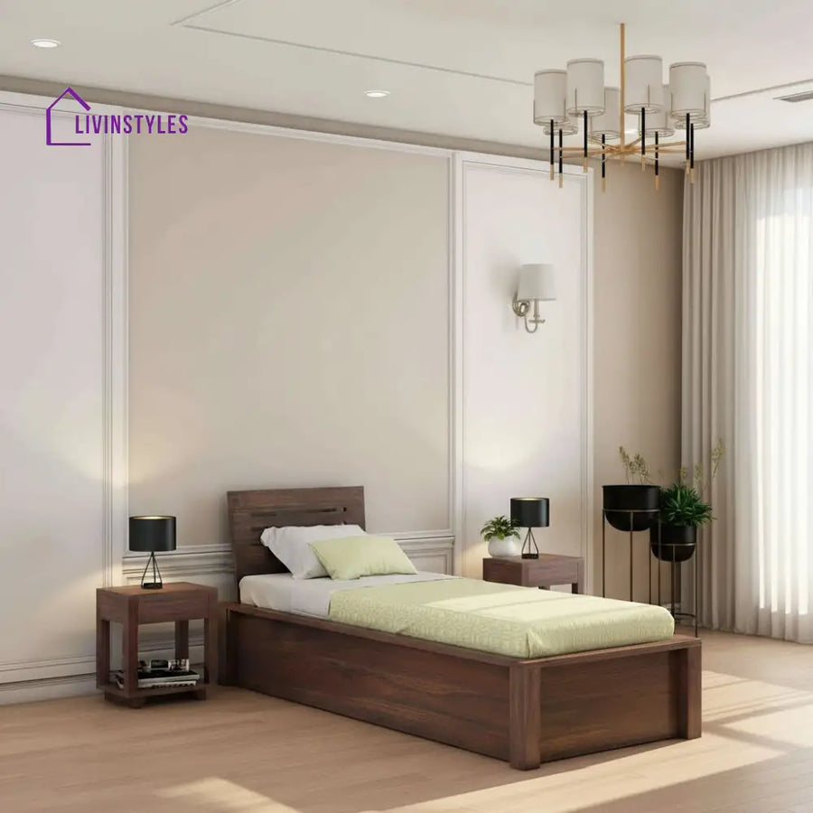 Graciela Solid Sheesham Wood Single Bed With Box Storage (Walnut Finish) Bed
