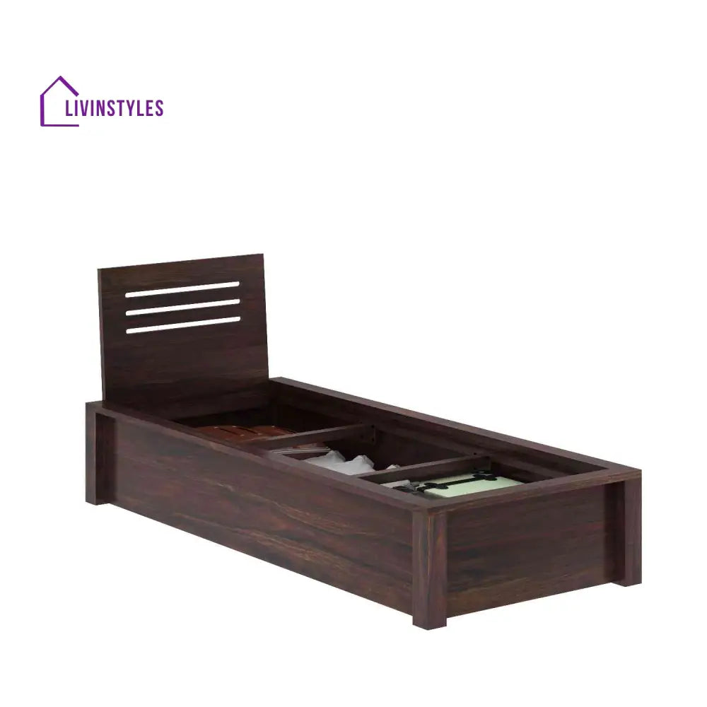 Graciela Solid Sheesham Wood Single Bed With Box Storage (Walnut Finish) Bed