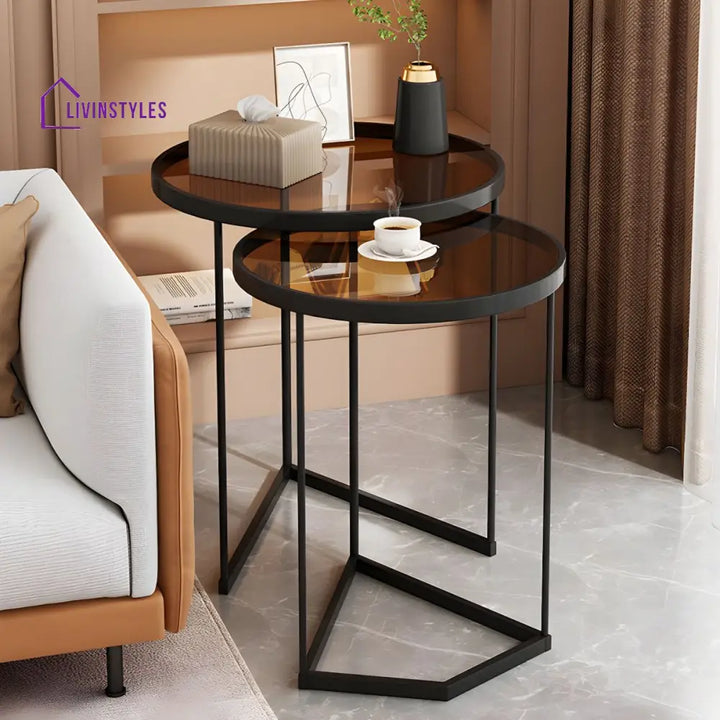 Gracy Stainless Steel Frame and Brown Glass Top Side Table Set for Living Room
