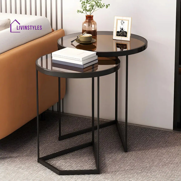 Gracy Stainless Steel Frame and Brown Glass Top Side Table Set for Living Room