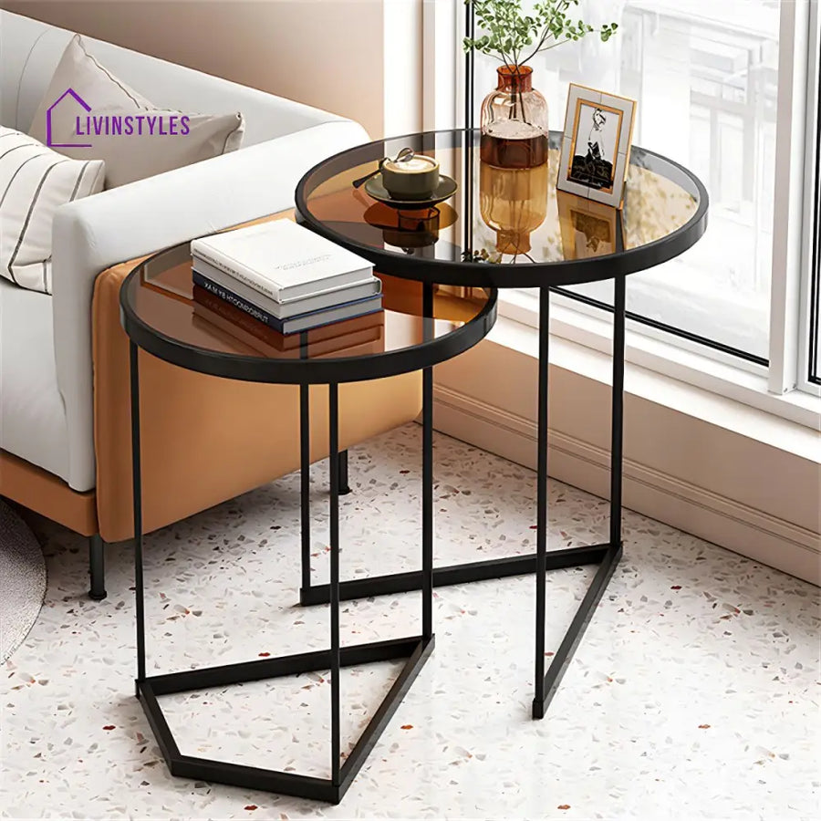 Gracy Stainless Steel Frame and Brown Glass Top Side Table Set for Living Room