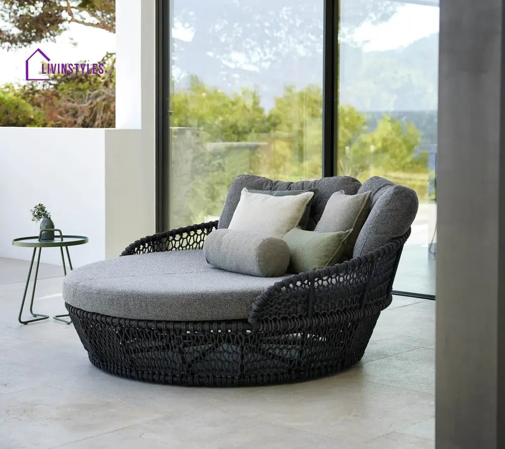 Greco Outdoor Poolside Sunbed With Cushion Daybed (Black) Braided & Rope - Sunbed