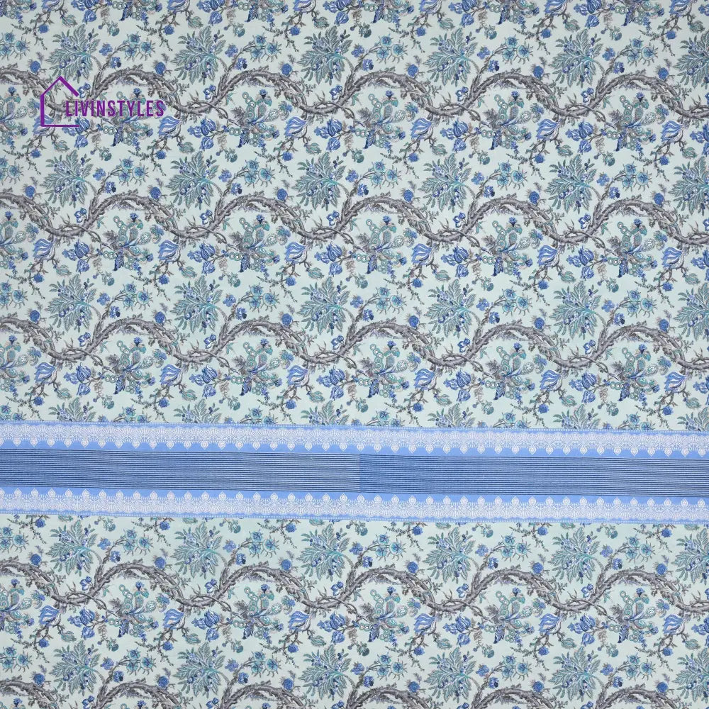 Green And Blue Floral Print Super King Cotton Bed Sheet With 2 Pillow Covers