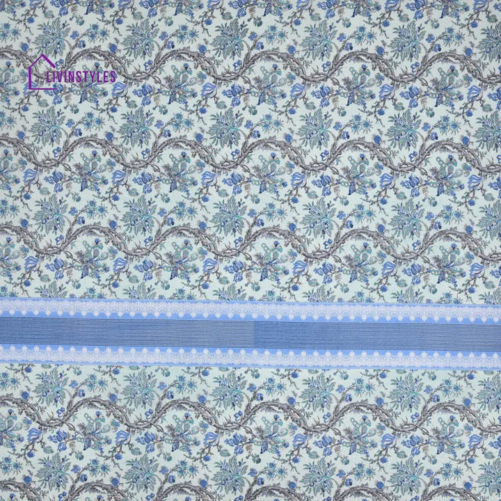 Green And Blue Floral Print Super King Cotton Bed Sheet With 2 Pillow Covers