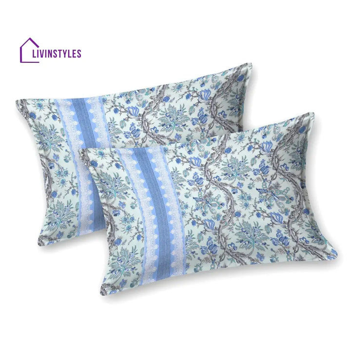 Green And Blue Floral Print Super King Cotton Bed Sheet With 2 Pillow Covers