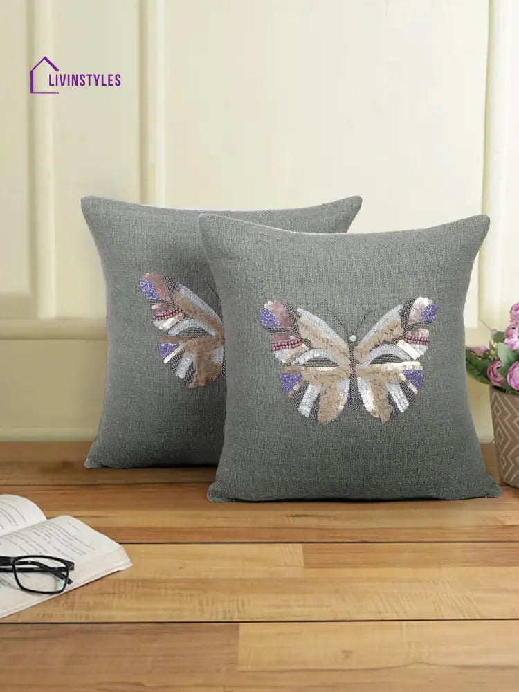 Green Color Cotton Hand Work Cushion Cover Set Of 2 (18X18 Inch)
