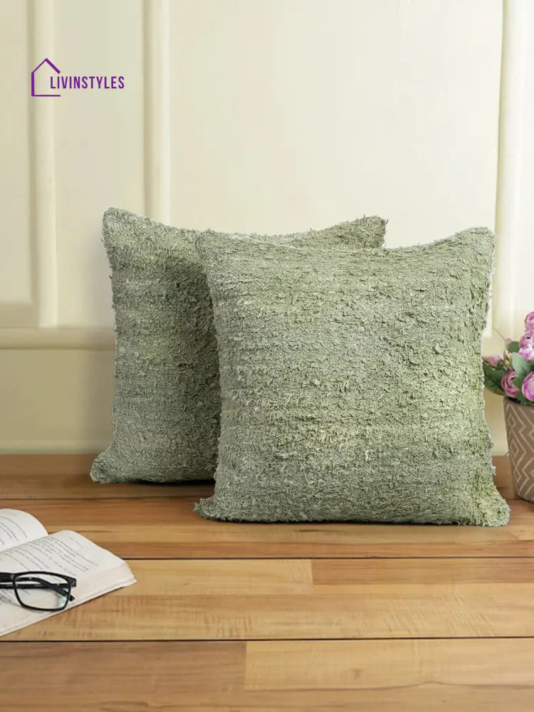 Green Color Hand Woven Cotton Cushion Cover Set Of 2 (20X20 Inch)