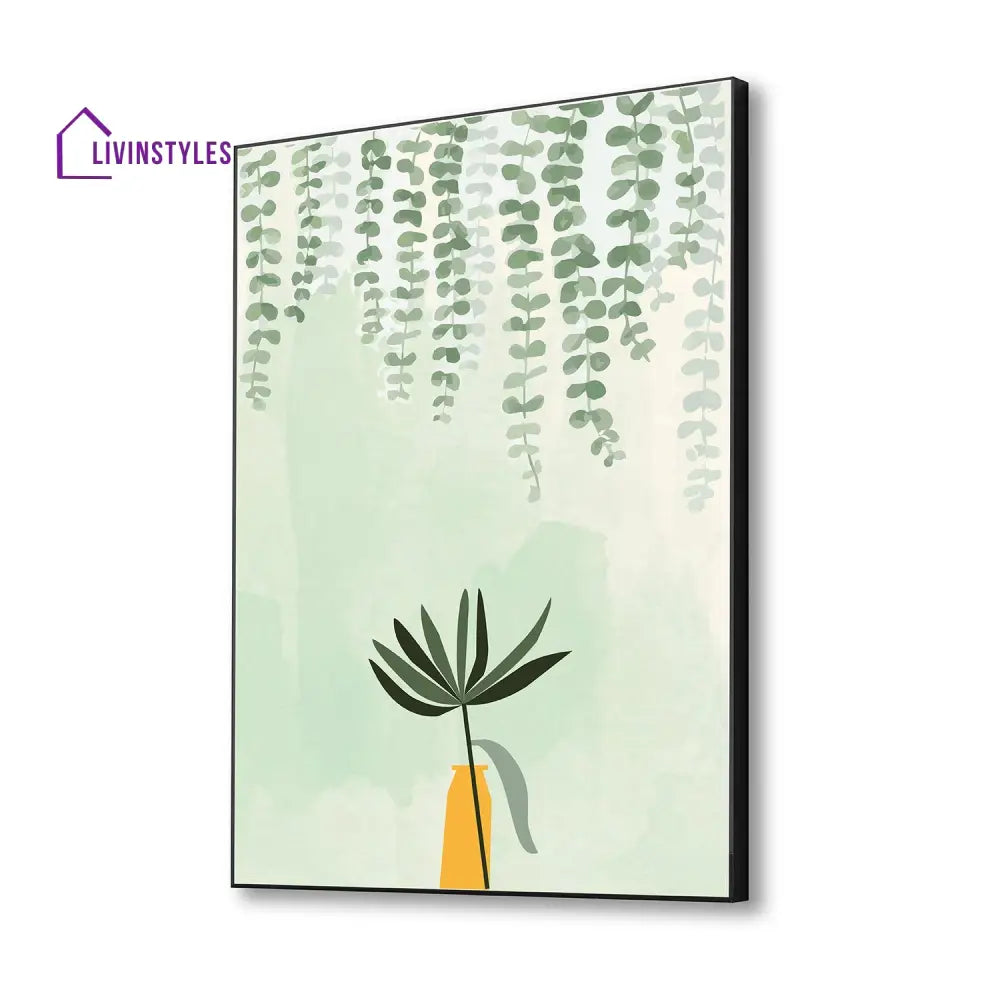 Green Plant In Yellow Vase Canvas Wall Painting 16 X 20 Inch / Black Floating Frame