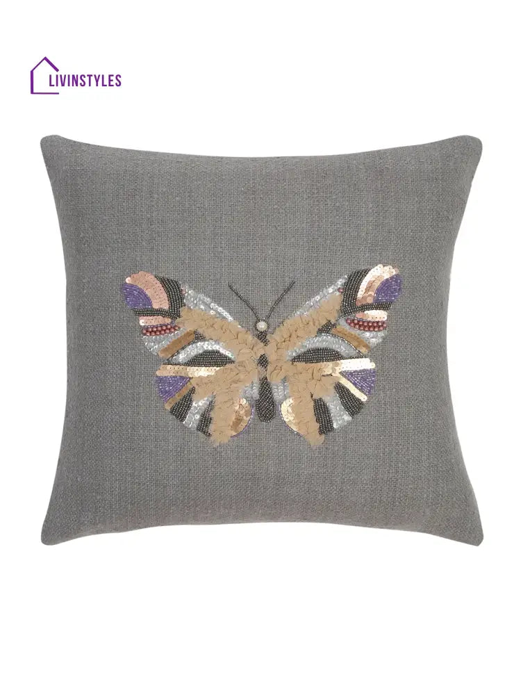 Grey Color Cotton Hand Work Cushion Cover Set Of 2 (18X18 Inch)