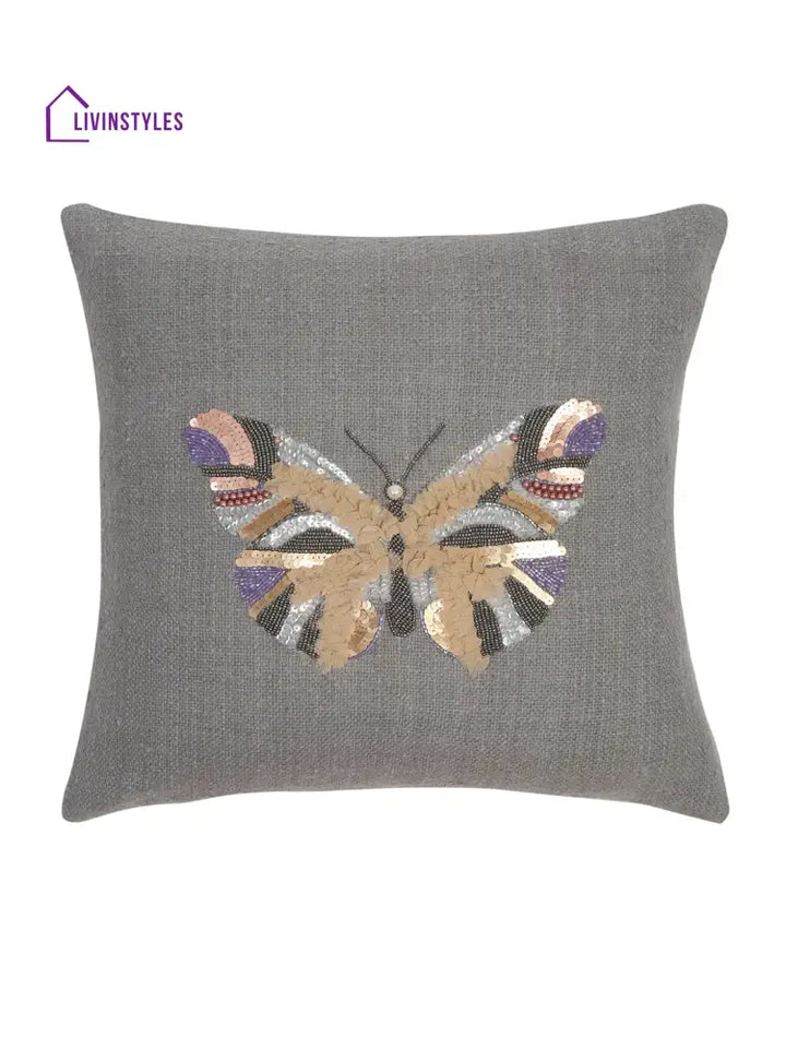 Grey Color Cotton Hand Work Cushion Cover Set Of 2 (18X18 Inch)